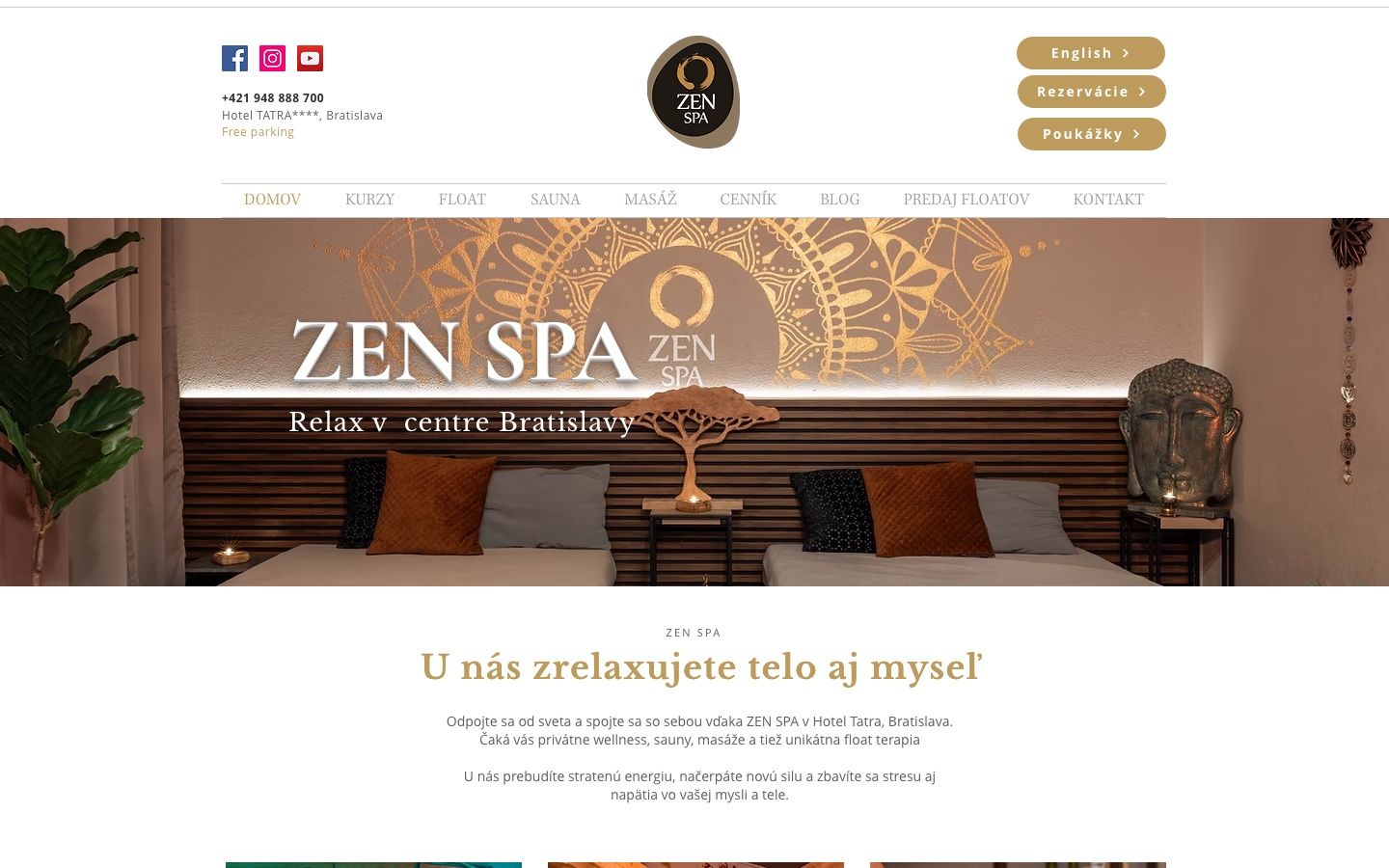 Pôvodná Wix homepage zenspa.sk. Zlatá hero sekcia na tmavom pozadí, hustá horná navigácia, sociálne ikony v hlavičke.
