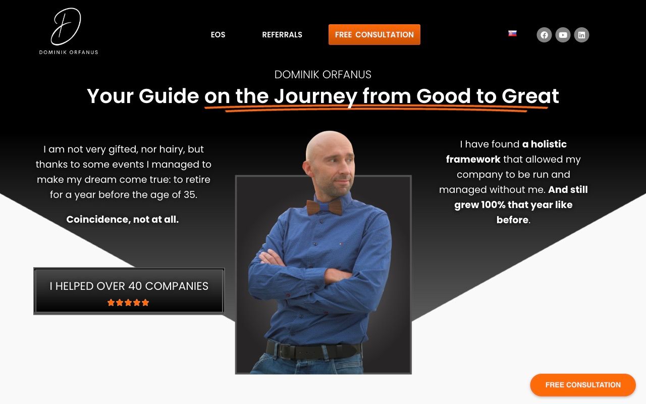 Hero of www.orfanus.com — black background, dense layout, multiple CTAs.
