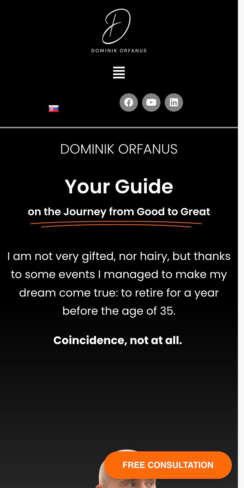Hero of www.orfanus.com — black background, dense layout, multiple CTAs.