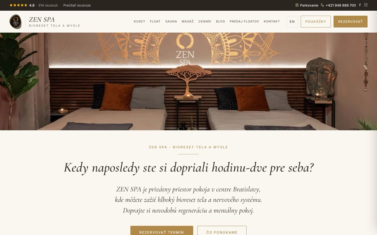 Screenshot prerobeného webu ZEN SPA, wellness štúdia v hoteli Tatra v Bratislave.