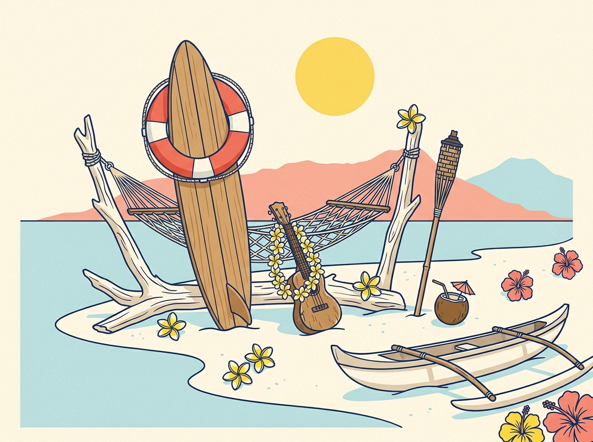 Drevený longboard pri provizórnej hojdacej sieti, plumeria leis cez ukulele, kokosový drink, sopečné hory v diaľke.
