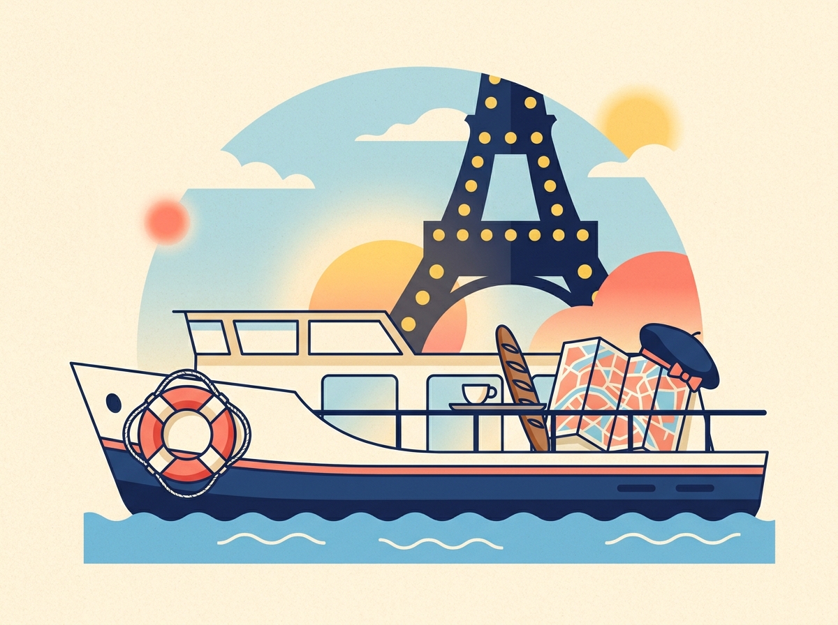 Bateau-mouche na Seine s Eiffelovkou v pozadí, bagetka a espresso na tácke, baret na mape Paríža, záchranné koleso na prove.
